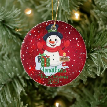 Baby's First Christmas Cute Snowman Black Hat  Ceramic Ornament by JaLoDesign at Zazzle