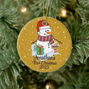 Baby's First Christmas cute snowman modern color Ceramic Ornament