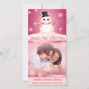 Baby's First Christmas Cute Snowman Pink Holiday Card