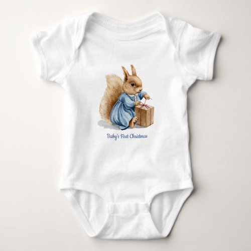 Babys First Christmas  Cute Squirrel Baby Bodysuit