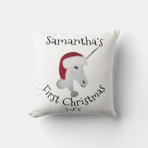 Babys First Christmas Cute Unicorn Personalized Throw Pillow