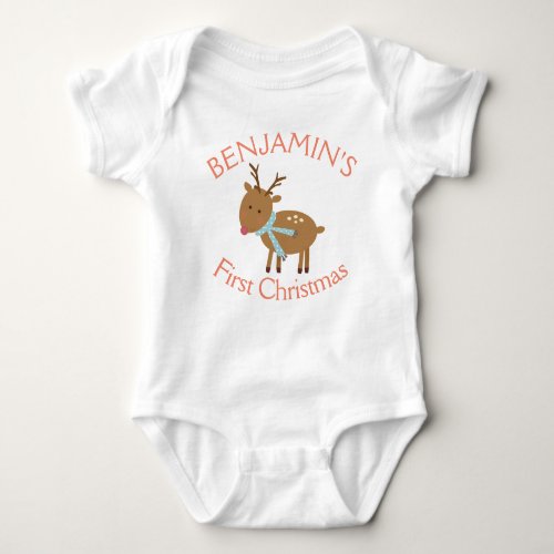 Babys First Christmas Cute Winter Reindeer Baby Bodysuit