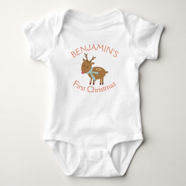 Baby's First Christmas Cute Winter Reindeer Baby Bodysuit (Front)