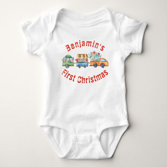 Baby's First Christmas Cute Xmas Truck  Baby Bodysuit (Front)