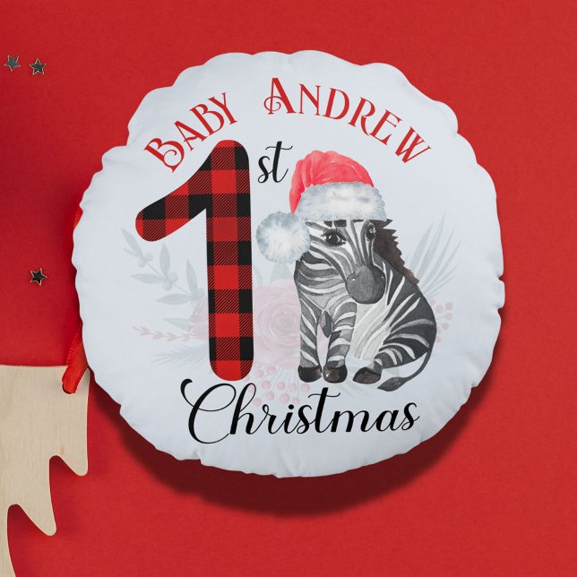 Baby's First Christmas Cute Zebra Santa Hat Name Round Pillow (Creator Uploaded)