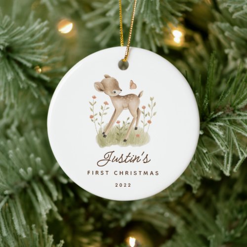 Babys First Christmas Deer 2 Sided Photo Ceramic Ornament