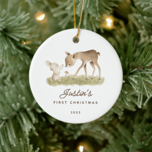 Baby's First Christmas Deer Bunny Ceramic Ornament