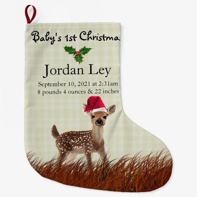 Baby's First Christmas Deer Fawn Large Christmas Stocking (Front)
