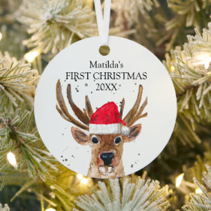 Baby's First Christmas Deer Watercolor Forest Metal Ornament