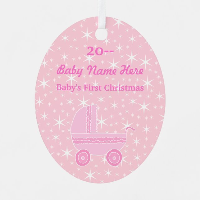 Baby's First Christmas Design in Pink and white Metal Ornament (Front)