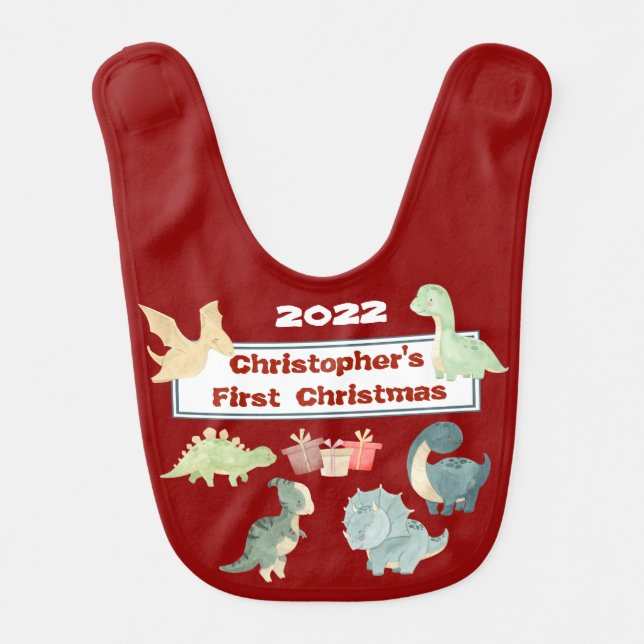 Baby's First Christmas Dinosaur Baby Bib (Front)