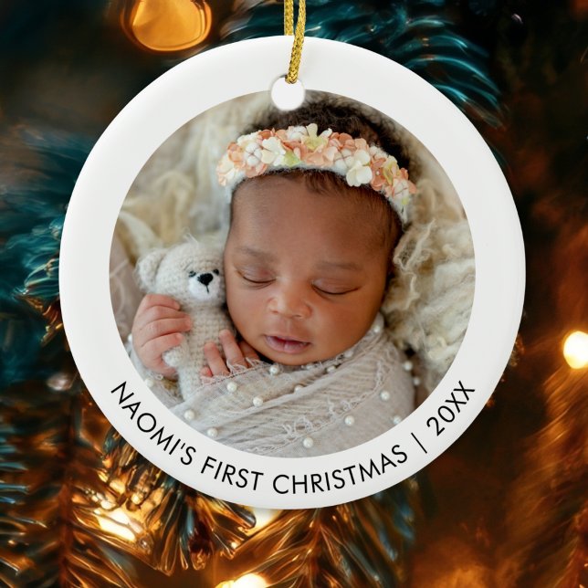 Baby's First Christmas Double Sided Custom 2 Photo Ceramic Ornament (An elegant ceramic ornament for baby's first Christmas, personalized with name, year and photos)