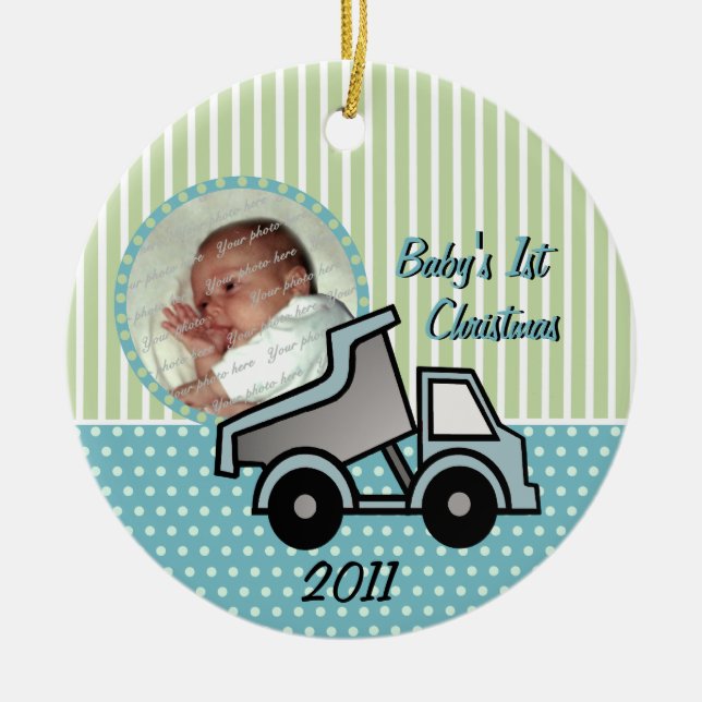 Babys First Christmas Dump Truck Photo Ceramic Ornament (Front)