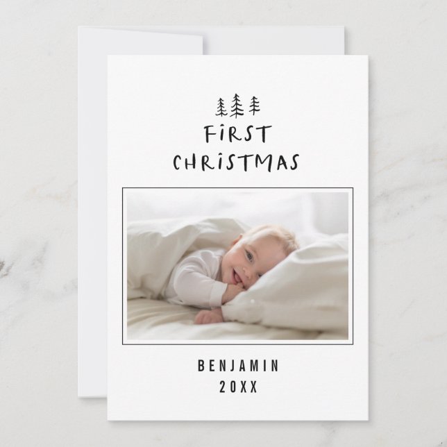 babys first christmas elegant drawn tree photo holiday card (Front)