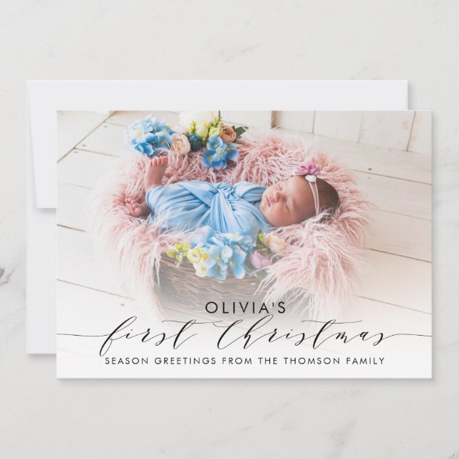 Baby's First Christmas Elegant Hand-Lettered Photo Holiday Card (Front)