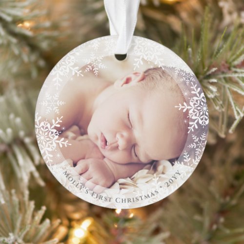 Babys First Christmas Elegant Snowflakes Photo Ornament