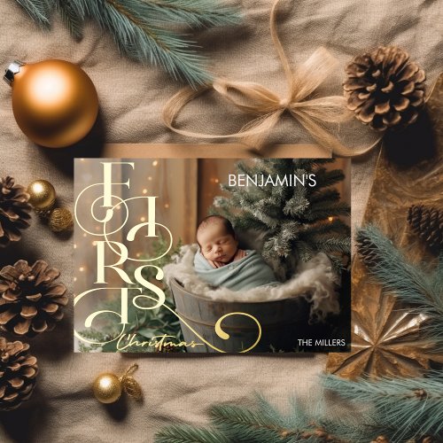 Babys First Christmas Elegant Typography 1 Photo Foil Holiday Card