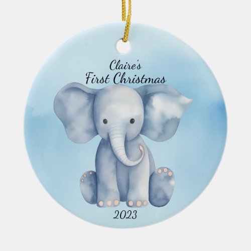 Babys First Christmas Elephant Blue Personalized Ceramic Ornament