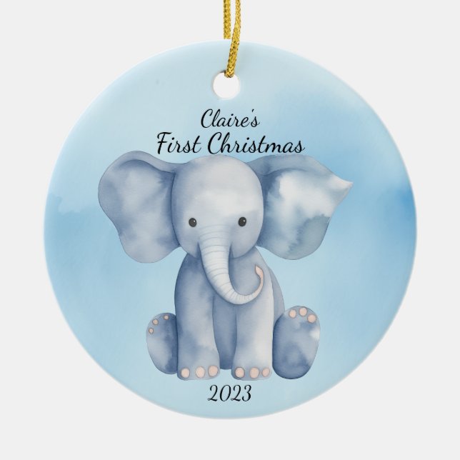 Baby's First Christmas Elephant Blue Personalized Ceramic Ornament (Front)