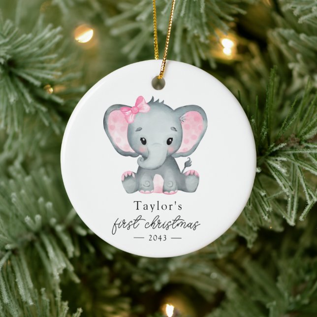 Baby's First Christmas Elephant Calligraphy Ceramic Ornament (Tree)