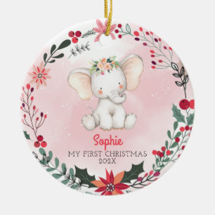 Baby's First Christmas Elephant Girl With Name Ceramic Ornament