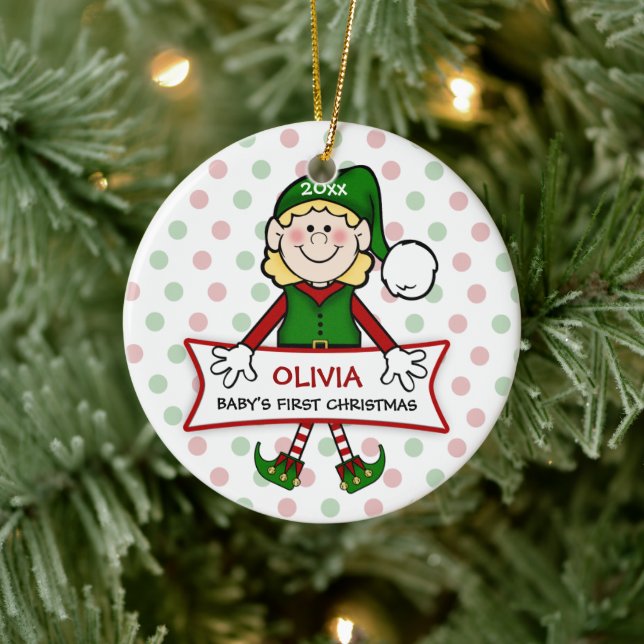 Baby's First Christmas Elf Girl Ceramic Ornament (Tree)