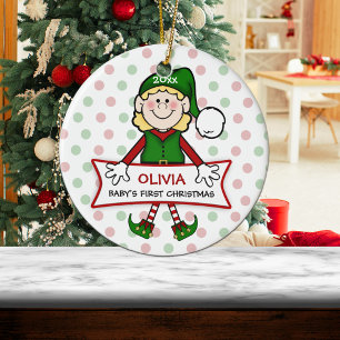 Baby's First Christmas Elf Girl Ceramic Ornament