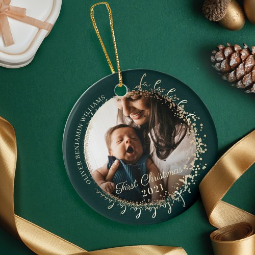 Babys First Christmas Fa La La Custom Baby Photo Ceramic Ornament