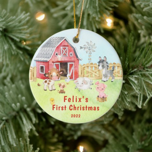 Babys First Christmas Farm Friends 2 Sided Photo Ceramic Ornament