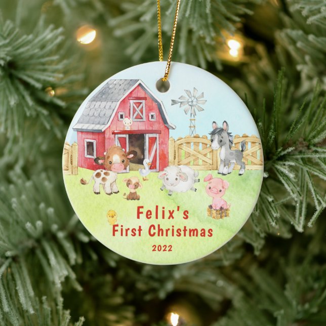 Baby's First Christmas Farm Friends 2 Sided Photo Ceramic Ornament (Tree)