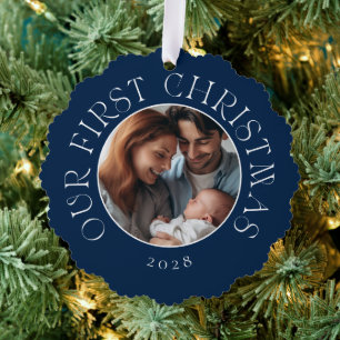 Baby's First Christmas Festive Blue Family Photo Ornament Card
