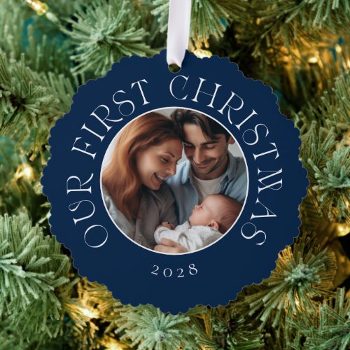 Babys First Christmas Festive Blue Family Photo Ornament Card