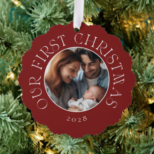 Baby's First Christmas Festive Red Family Photo Ornament Card