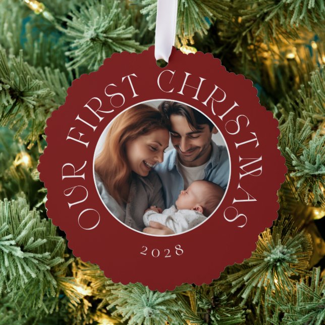 Baby's First Christmas Festive Red Family Photo Ornament Card (Insitu (Tree))