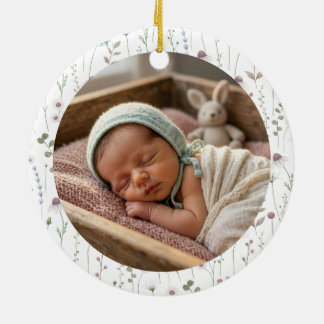 Baby's First Christmas Floral Watercolor Photo Ceramic Ornament