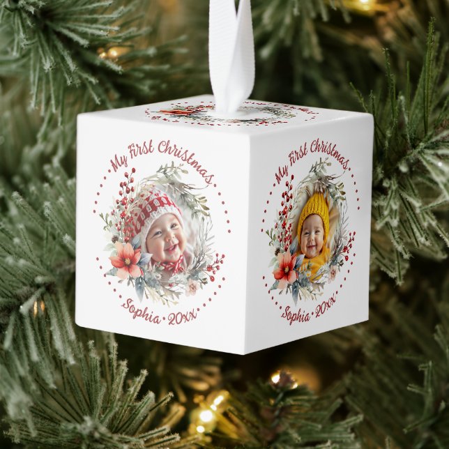 Baby's First Christmas flowers, berries photo Cube Ornament (Tree)