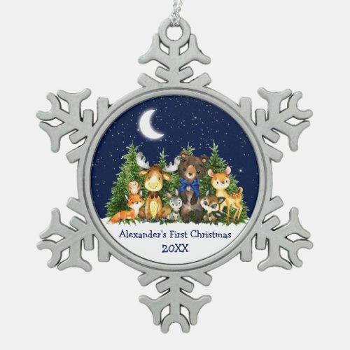 Babys First Christmas Forest Animals Blue Bow Snowflake Pewter Christmas Ornament