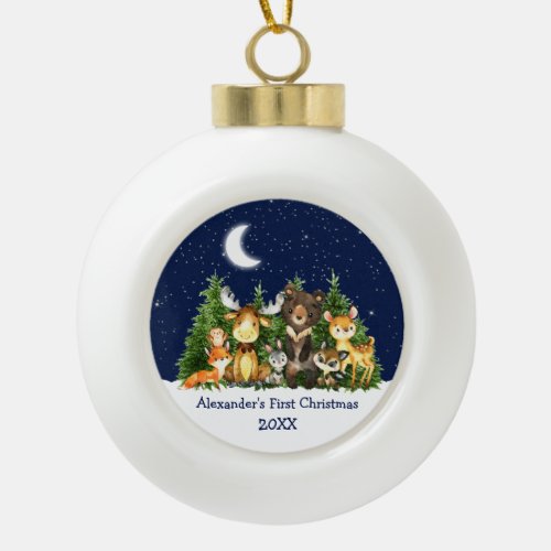 Babys First Christmas Forest Animals Blue Ceramic Ball Christmas Ornament