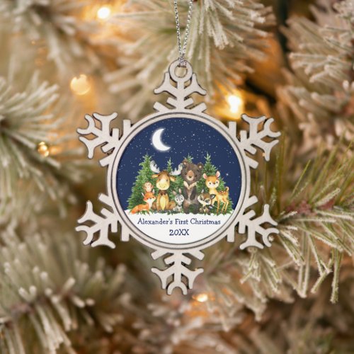 Babys First Christmas Forest Animals Blue Snowflake Pewter Christmas Ornament