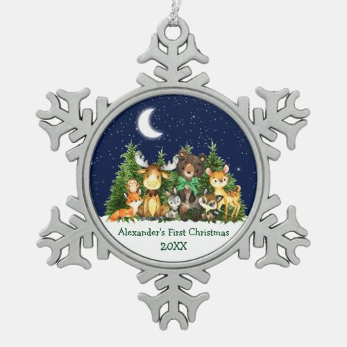 Babys First Christmas Forest Animals Green Bow Snowflake Pewter Christmas Ornament