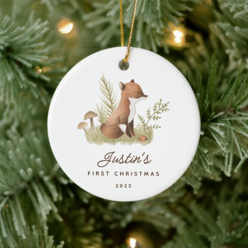 Babys First Christmas Fox 2 Sided Photo Ceramic Ornament