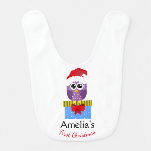 Baby's First Christmas Funny Purple Owl Baby Bib