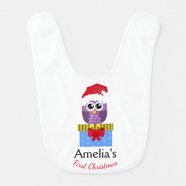 Baby's First Christmas Funny Purple Owl Baby Bib (Front)
