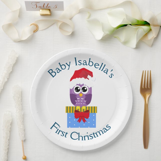 Baby's First Christmas Funny Purple Owl Paper Plates (Wedding)