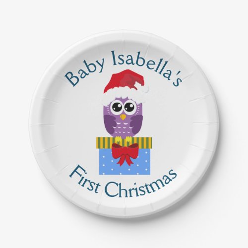 Babys First Christmas Funny Purple Owl Paper Plates