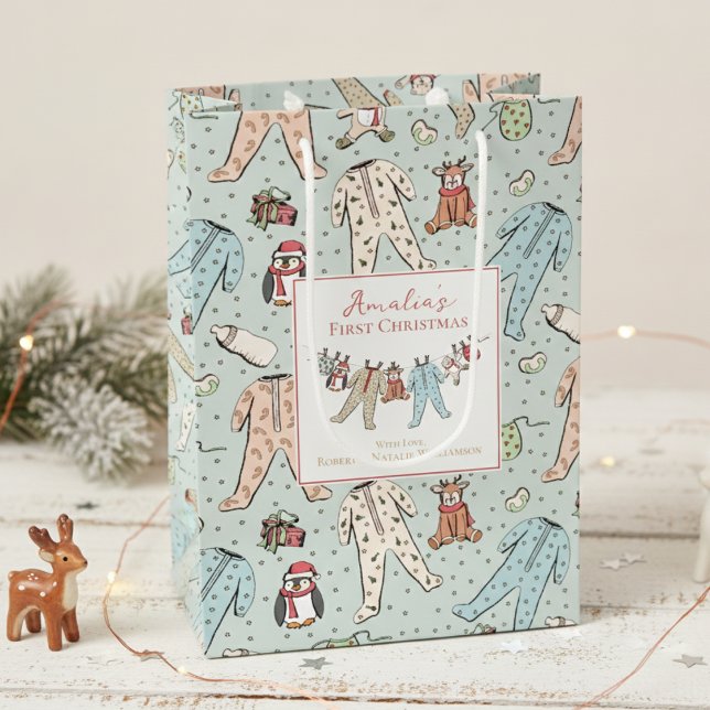 Baby's First Christmas Gender Neutral Medium Gift Bag (Mint Baby's First Christmas Gift Bags Cute Winter Xmas Pajama, Reindeer, Teddy Bear, Penguin Pattern)