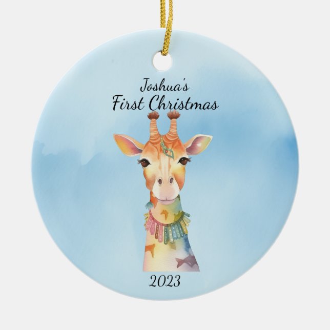 Baby's First Christmas Giraffe Blue Personalized Ceramic Ornament (Front)