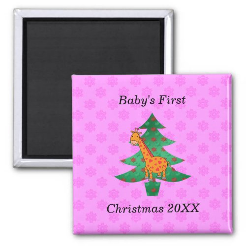 Babys first christmas giraffe pink snowflakes magnet