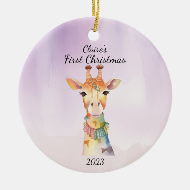 Baby's First Christmas Giraffe Purple Personalized Ceramic Ornament (Front)