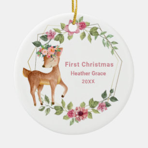 Babys First Christmas Girls Deer Personalized Ceramic Ornament